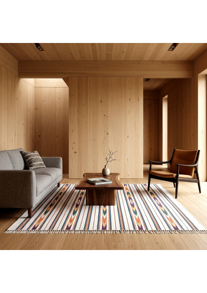Hutsul carpet "Flower of the Meadow" — hand weaving, white background with colored stripes