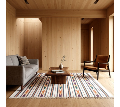 Hutsul carpet "Flower of the Meadow" — hand weaving, white background with colored stripes