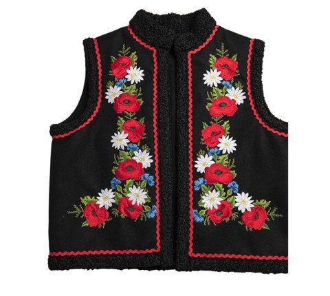 Embroidered cap with poppies and daisies made of black cashmere