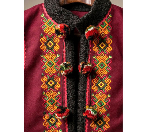 Festive Hutsul Kaptar "Christmas Star" made of burgundy cashmere