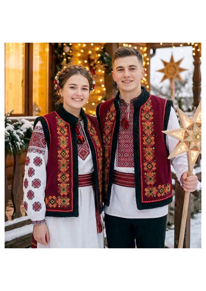 Festive Hutsul Kaptar "Christmas Star" made of burgundy cashmere