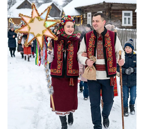 Festive Hutsul Kaptar "Christmas Star" made of burgundy cashmere