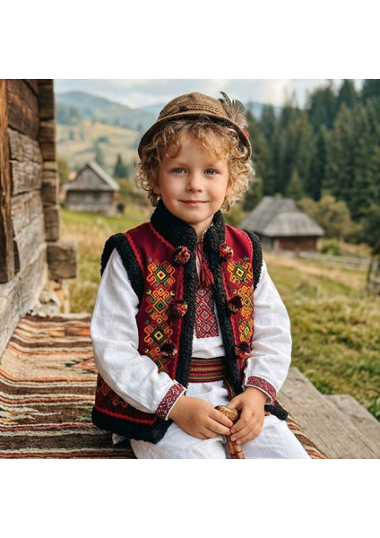Children's Hutsul Kiptar "Christmas Star" with embroidery and pom-poms
