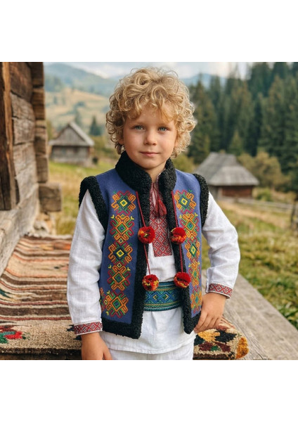 Children's Hutsul Kaptar "Christmas Star" in blue color with embroidery