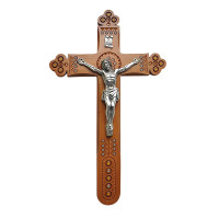 Pear wood cross with a silver image of the Crucifixion