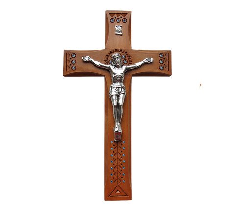 Cross made of pear wood with a silver-plated crucifix of Christ