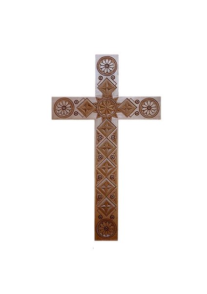 Wooden cross with hand carving