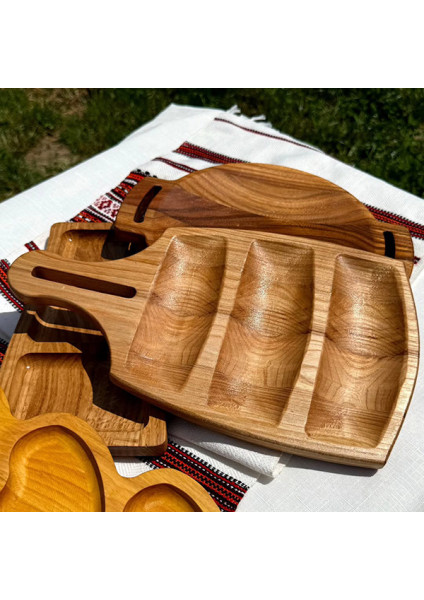 Wooden serving tray with handle and three compartments