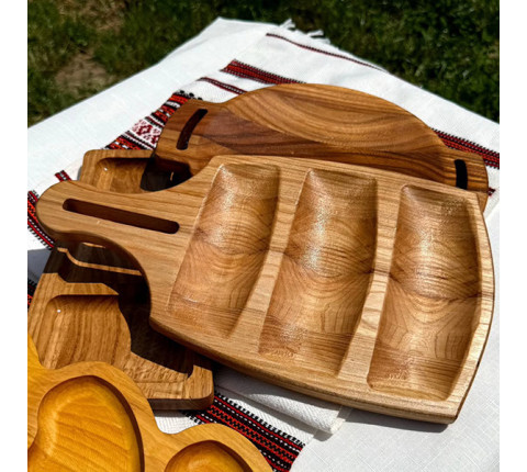Wooden serving tray with handle and three compartments