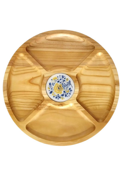 Round serving dish with a tile for cherry sauce