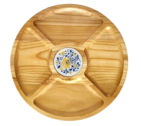 Round serving dish with a tile for cherry sauce