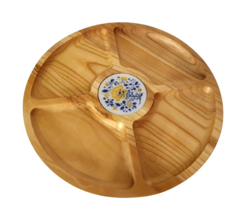 Round serving dish with a tile for cherry sauce
