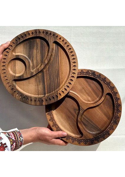 Yin-Yang serving tray with walnut and cherry carving