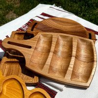 Wooden serving tray with handle and three compartments