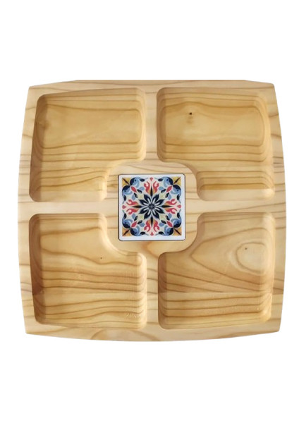 Square serving dish with five sections and a cherry tile