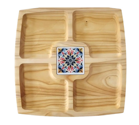 Square serving dish with five sections and a cherry tile
