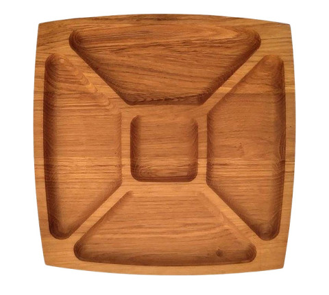 Square serving tray with five sections made of walnut or cherry