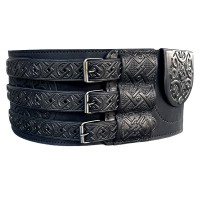 Hutsul leather belt handmade "Black Molfar" (black, three-buckle)