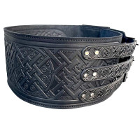 Hutsul leather belt handmade "Black Molfar" (black, three-buckle)