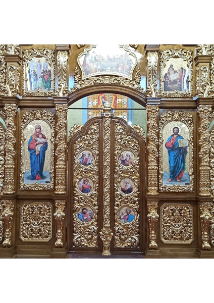 Дворядовий іконостас з вільхи з різьбленням і позолотою дзеркальною поталлю