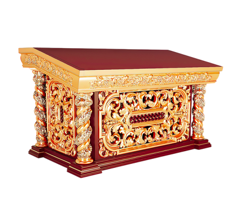 Gilded tetrapod made of alder with a Chalice, Gospel, and red pedestal
