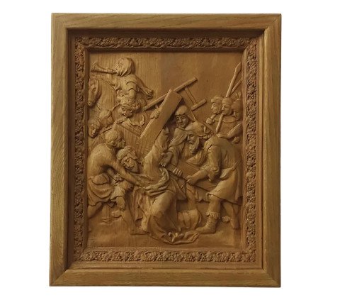 Way of the Cross with 15 carved icons made of alder in oak frames