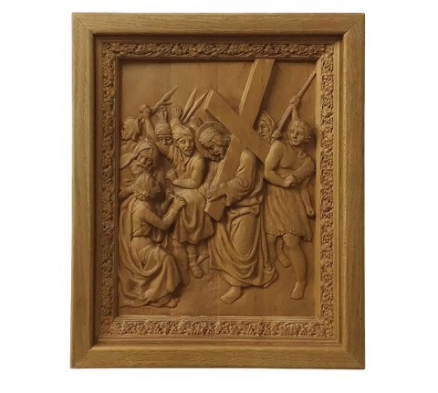 Way of the Cross with 15 carved icons made of alder in oak frames
