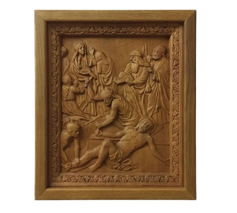 Way of the Cross with 15 carved icons made of alder in oak frames