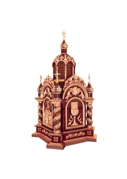 A candelabrum made of alder in the shape of a temple with a Chalice, the seal of Jesus Christ, the Victor, and gilding.