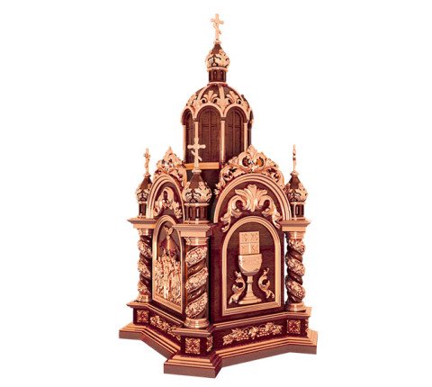 A candelabrum made of alder in the shape of a temple with a Chalice, the seal of Jesus Christ, the Victor, and gilding.