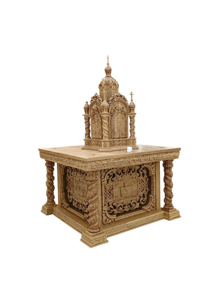 Oak altar set: altar with relief of the Chalice and shrine-temple