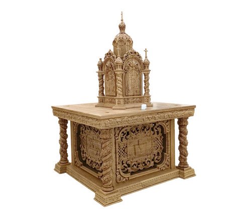 Oak altar set: altar with relief of the Chalice and shrine-temple