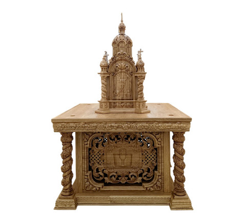 Oak altar set: altar with relief of the Chalice and shrine-temple