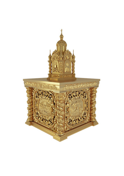 Gilded throne for the temple with twisted columns and a relief of the Last Supper, alder