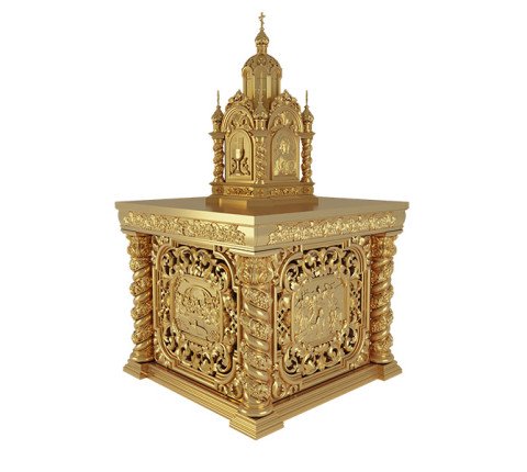 Gilded throne for the temple with twisted columns and a relief of the Last Supper, alder