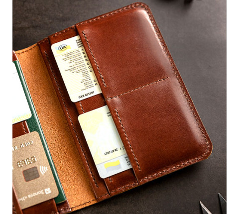Leather organizer for passport and documents in brown color