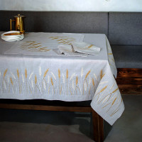 Tablecloth "Wheat Field" light beige with ear embroidery — 2.05×1.50 m