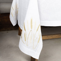 Linen tablecloth "Wheat Field" with embroidered ears of grain — white, large size 3.00×1.50 m