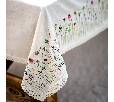 Tablecloth with floral embroidery beige — square, 1.40×1.40 m