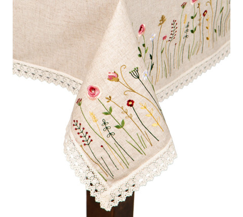 Tablecloth with floral embroidery beige — square, 1.40×1.40 m