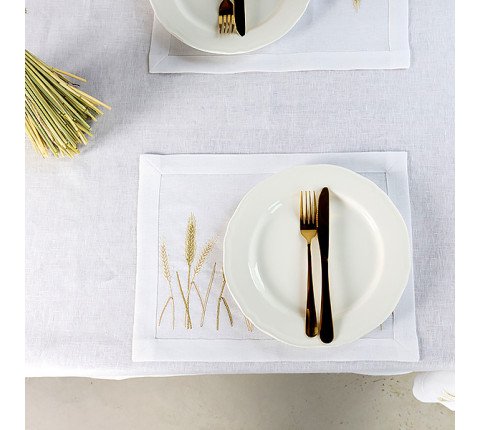 Linen napkin "Wheat Field" with embroidered ears of wheat — white, 0.30×0.40 m