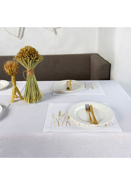 Linen napkin "Wheat Field" with embroidered ears of wheat — white, 0.30×0.40 m