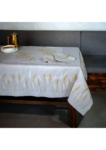 Tablecloth "Wheat Field" light beige with ear embroidery — 1.75×1.50 m