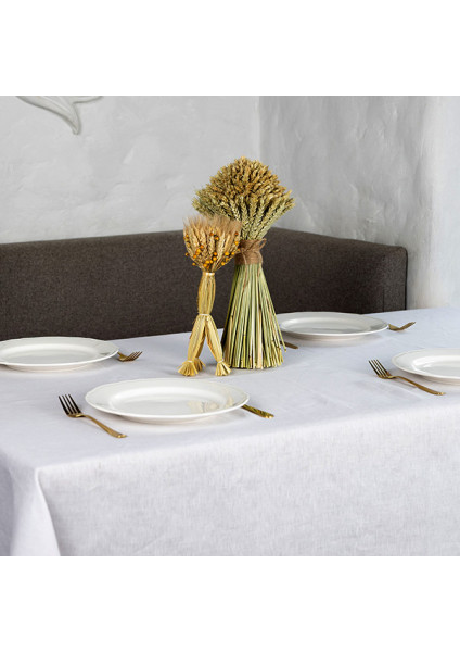 Linen tablecloth "Wheat Field" with embroidered ears of wheat — white, large size 3.00×1.50 m