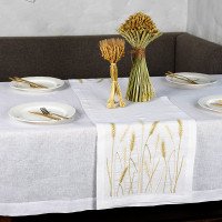 Скатертина «Пшеничне поле» з вишитими колосками — біла, 2,40×1,50 м