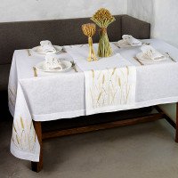 Linen tablecloth "Wheat Field" with embroidered ears of grain — white, large size 3.00×1.50 m