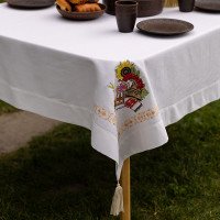 Tablecloth "Ukrainian Motifs" beige with colorful embroidery — 1.50×1.80 m