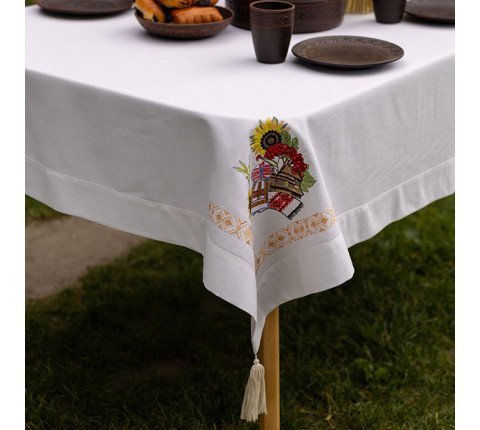 Tablecloth "Ukrainian Motifs" beige with colorful embroidery — 1.50×1.80 m