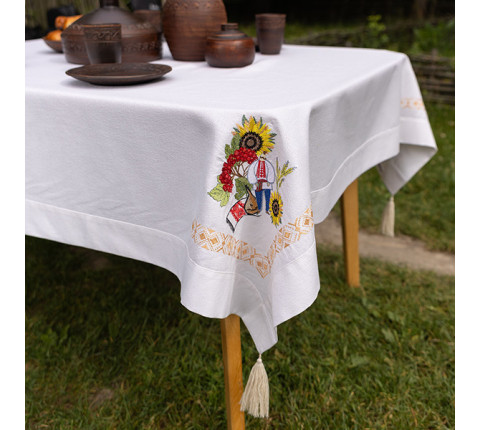 Tablecloth "Ukrainian Motifs" beige with colorful embroidery — 1.50×1.80 m