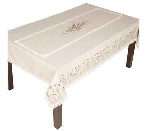 Скатертина з рослинною вишивкою бежева — квадратна, 1,40×1,40 м